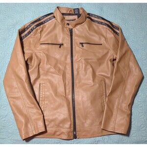 Hard Edge Men's Faux Leather Jacket Sz L Tan Black Stripes Pockets Motorcycle
